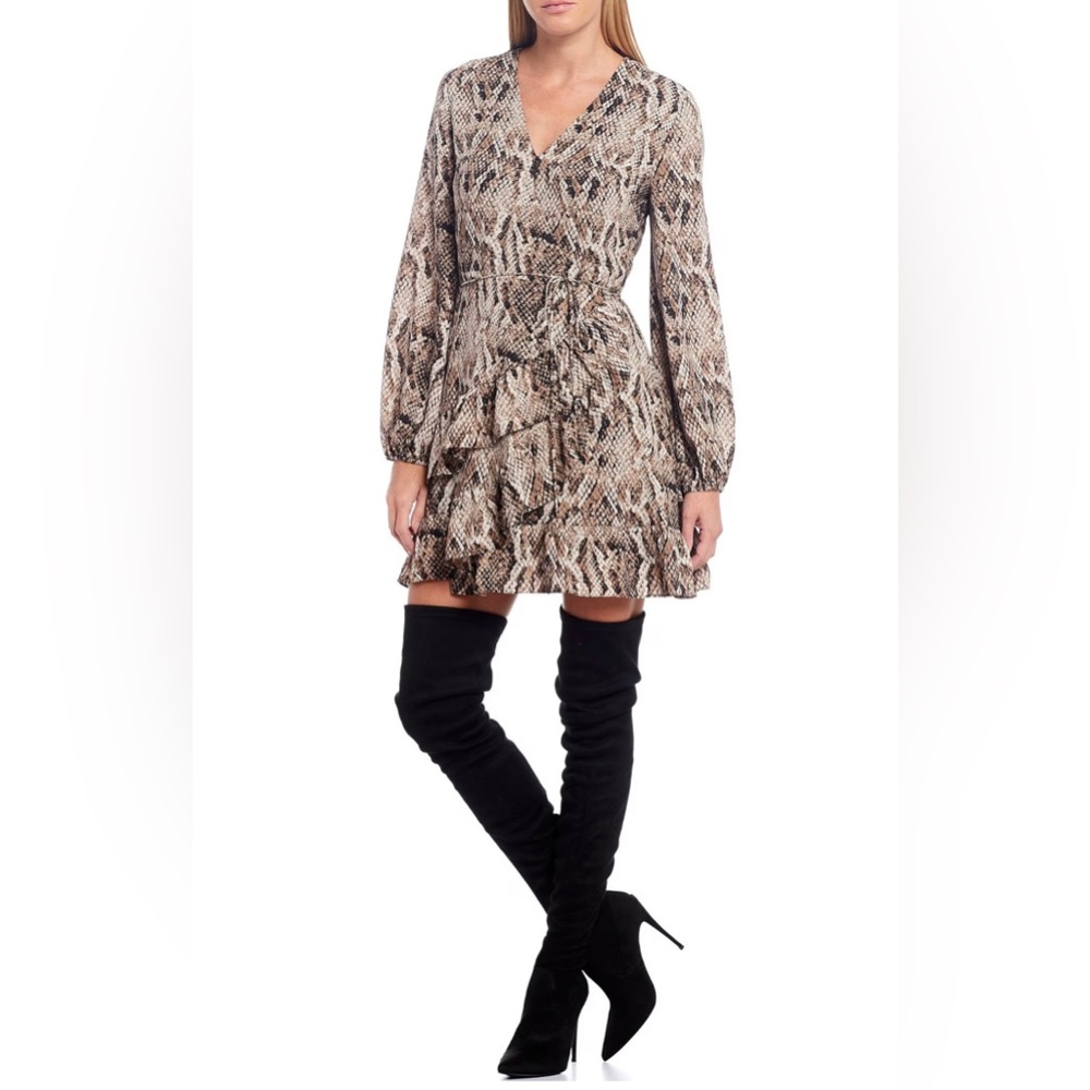 1State snake print ruffle wrap mini dress. NWT